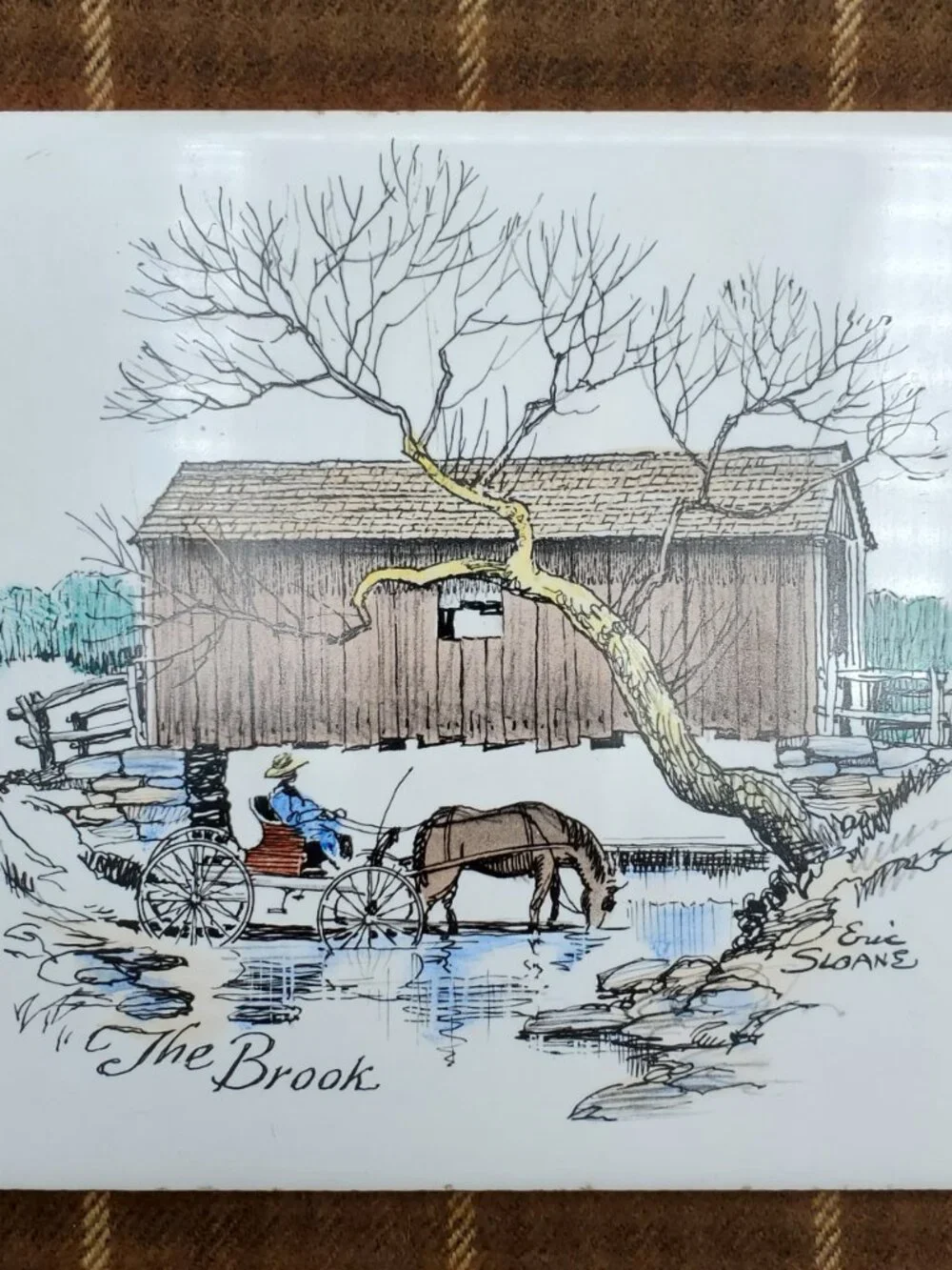 Vintage Eric Sloane The Brook Tile Trivet Horse Buggy Covered Bridge 6